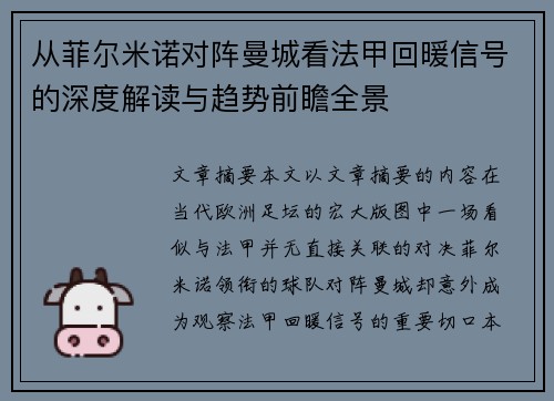 从菲尔米诺对阵曼城看法甲回暖信号的深度解读与趋势前瞻全景